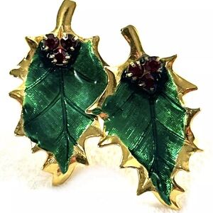 Holly Leaves Christmas Gold Tone Earrings